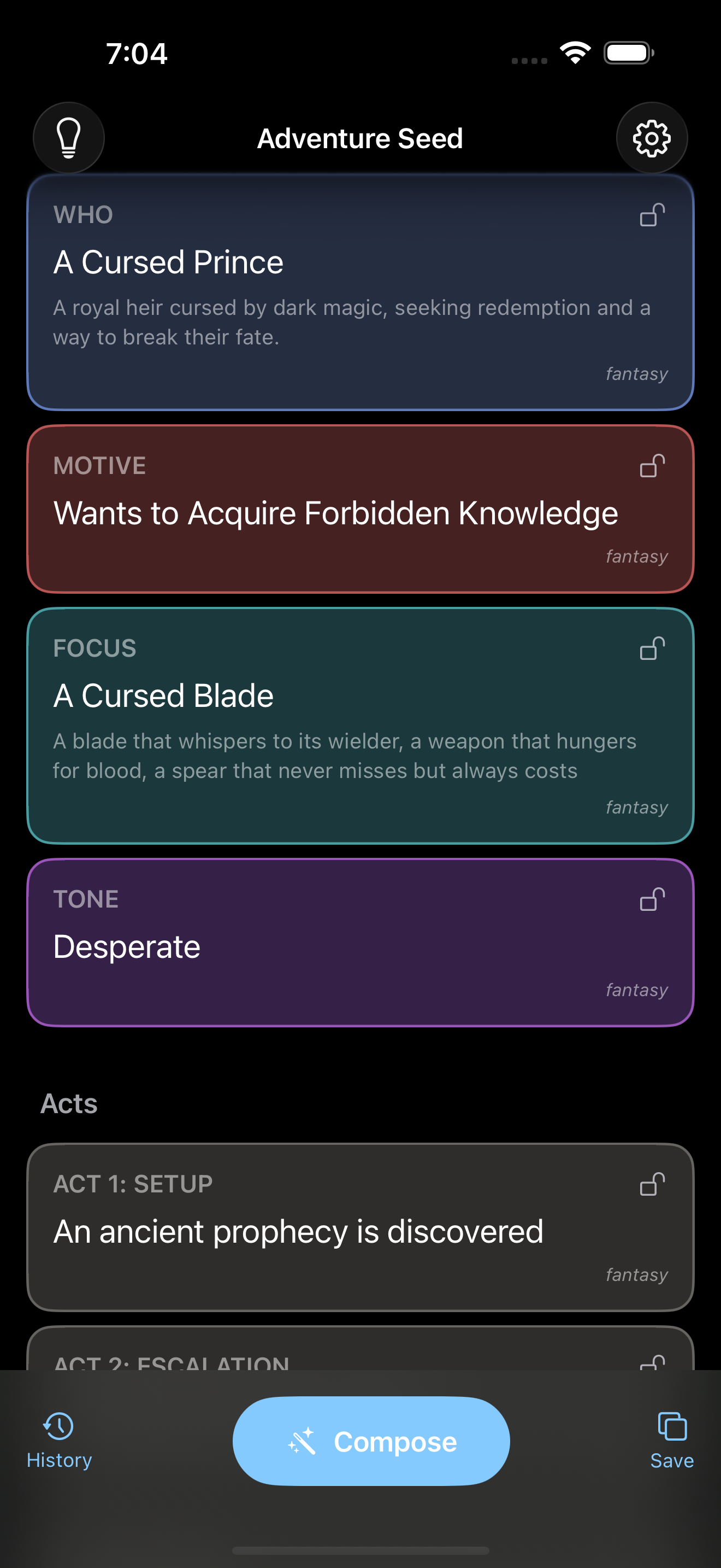 Quest Deck adventure generation screen